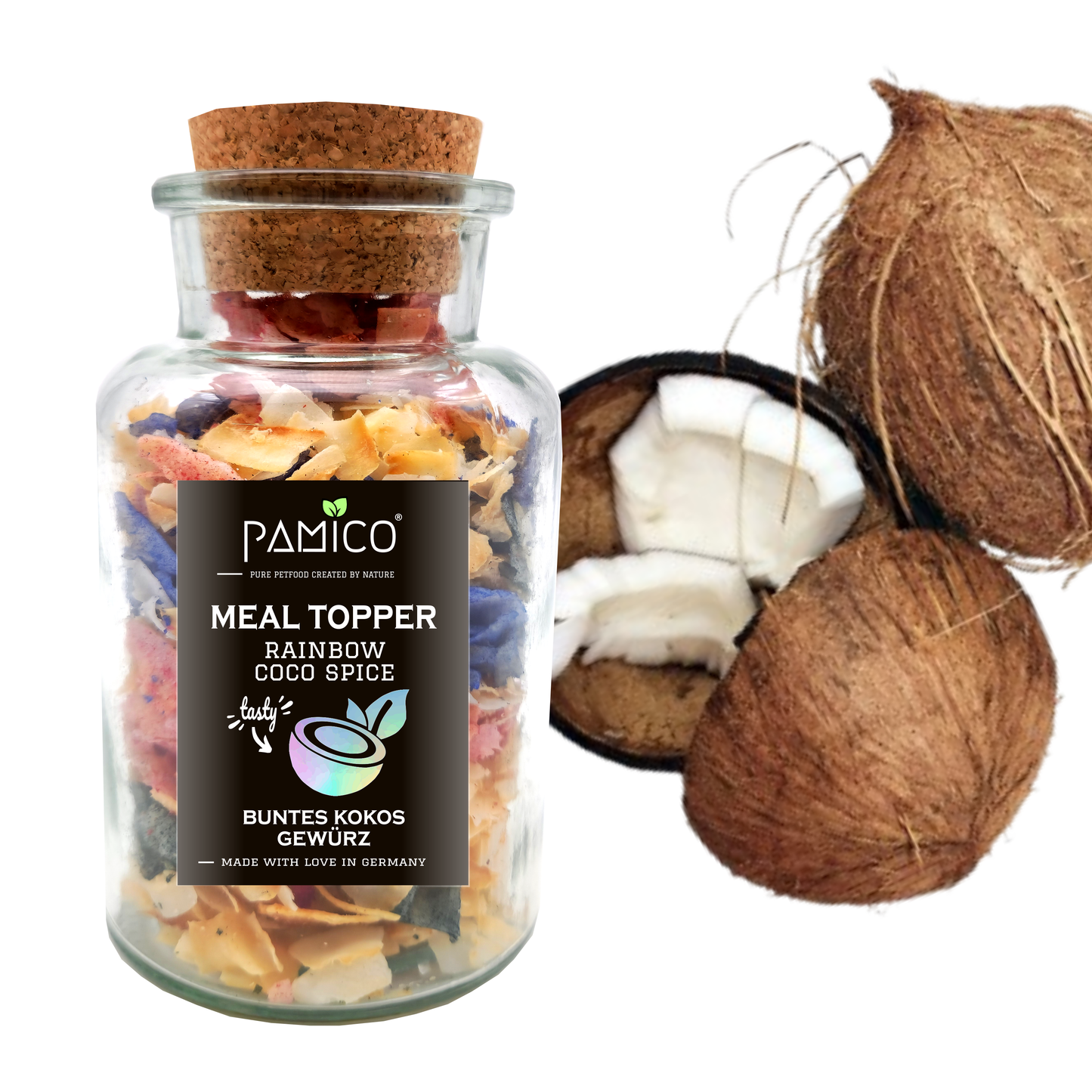 Pamico - Buntes Kokos Gewürz Meal Topper - Regenbogen Kokos Topping für Hunde & Katzen