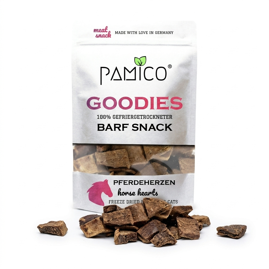 Pamico - Gefriergetrocknete Pferdeherzen Goodies für Hunde & Katzen – Monoprotein Snack reich an Eisen & hochwertigem Eiweiß