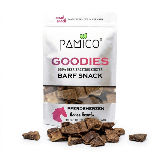 Pamico - Gefriergetrocknete Pferdeherzen Goodies für Hunde & Katzen – Monoprotein Snack reich an Eisen & hochwertigem Eiweiß