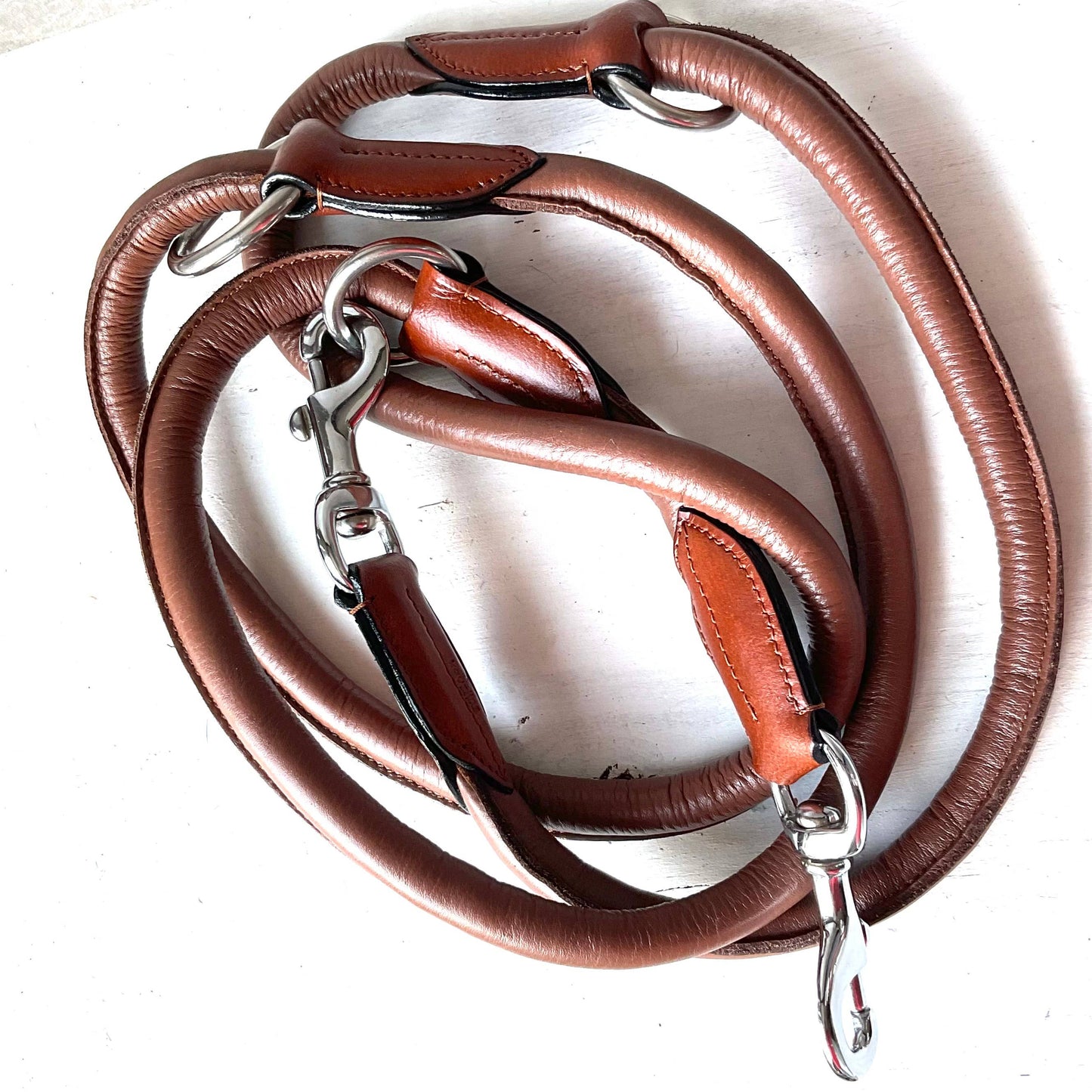 Kay-Line - Leder-Leine rundgenäht - COGNAC , 200 cm  , silver finish 